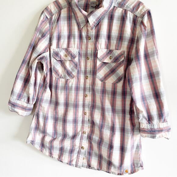 Carhartt 3/4” Roll Tab Sleeve Plaid Button Down Top - Picture 3 of 6